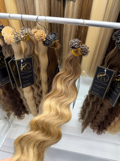 Butterscotch Highlights #TFF body wave k-tip hair extensions — Luvia Versa